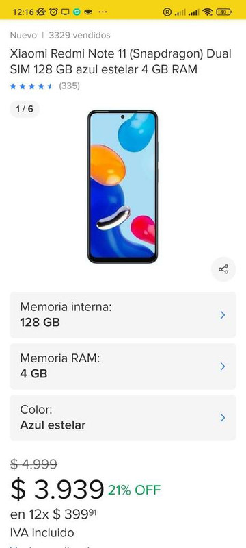 Mercado Libre: Celular Xiaomi Redmi Note 11 (Snapdragon) Dual SIM 128 GB azul estelar 4 GB RAM 
