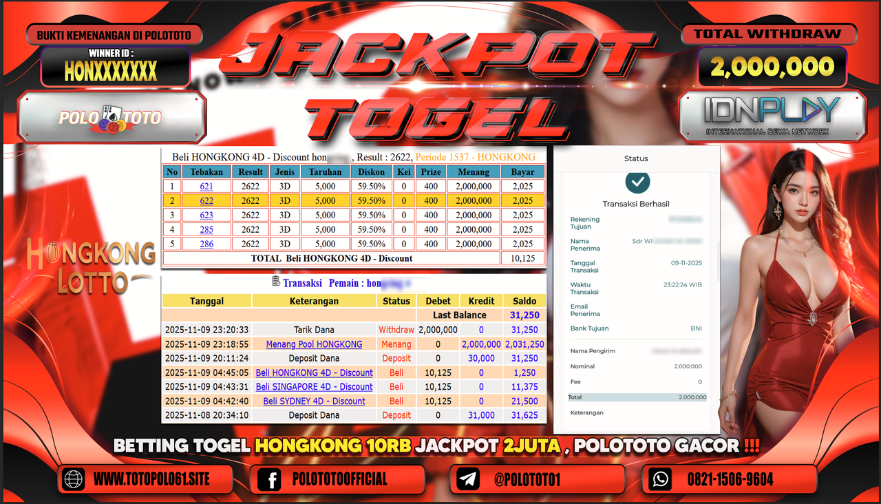 POLOTOTO JACKPOT TOGEL MENANG HONGKONG LOTTO Rp.2.000.000,- LUNAS