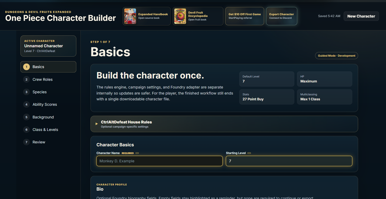 Preview of the One Piece 5e Character Builder website