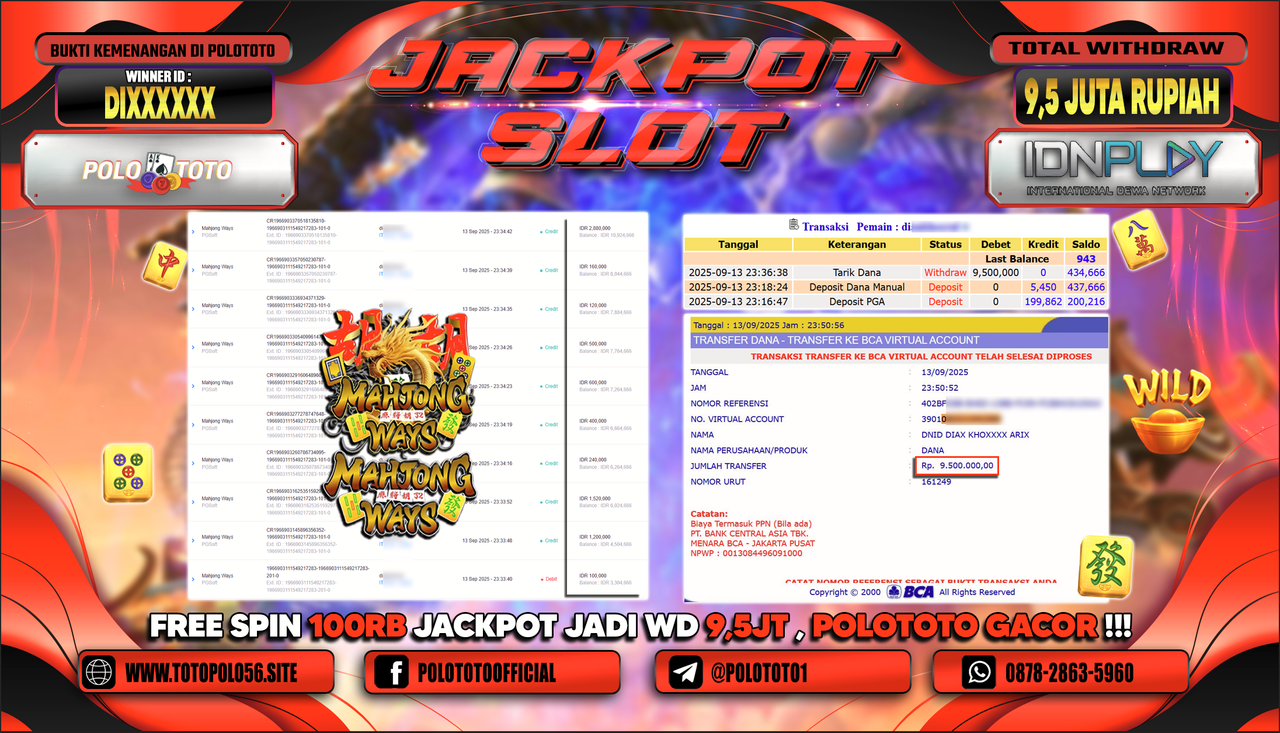 POLOTOTO JACKPOT SLOT MAHJONG WAYS Rp.9.500.000,-