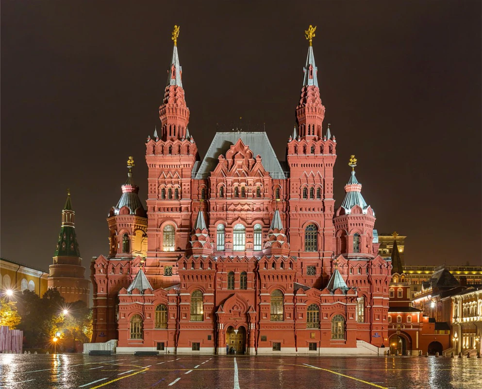 State Historical Museum in Moscow with red-brick façade and ornate towers.
