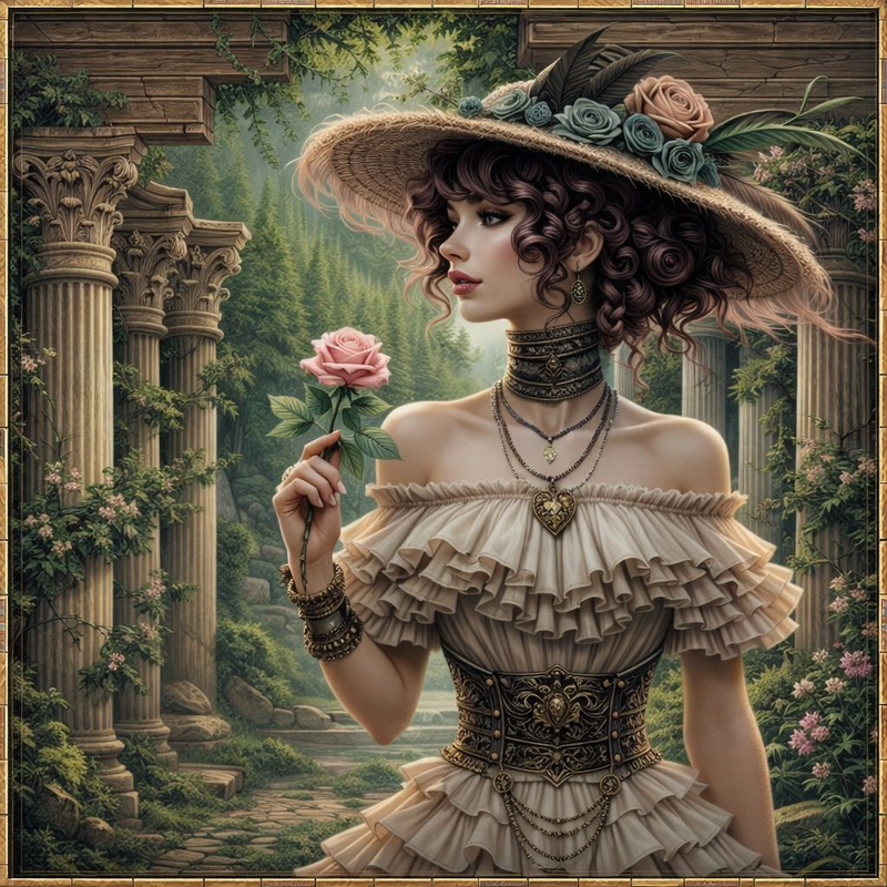 Victorian-Inspired-Woman-With-Mythical-Creature-In-Lush-Setting
