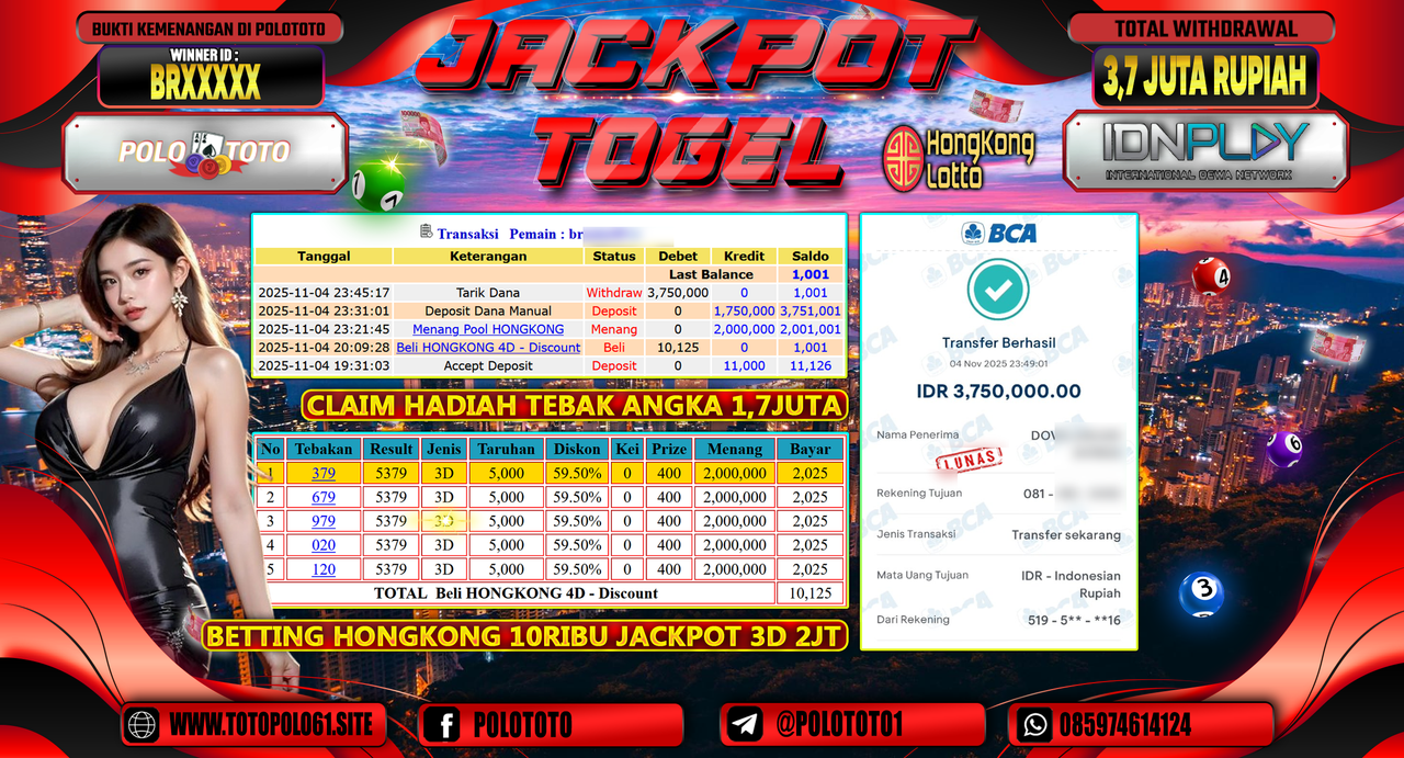 POLOTOTO JACKPOT TOGEL MENANG HONGKONG LOTTO Rp.3.700.000,- LUNAS