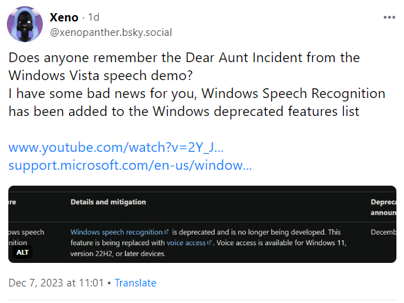 Windows Speech Recognition deprecated