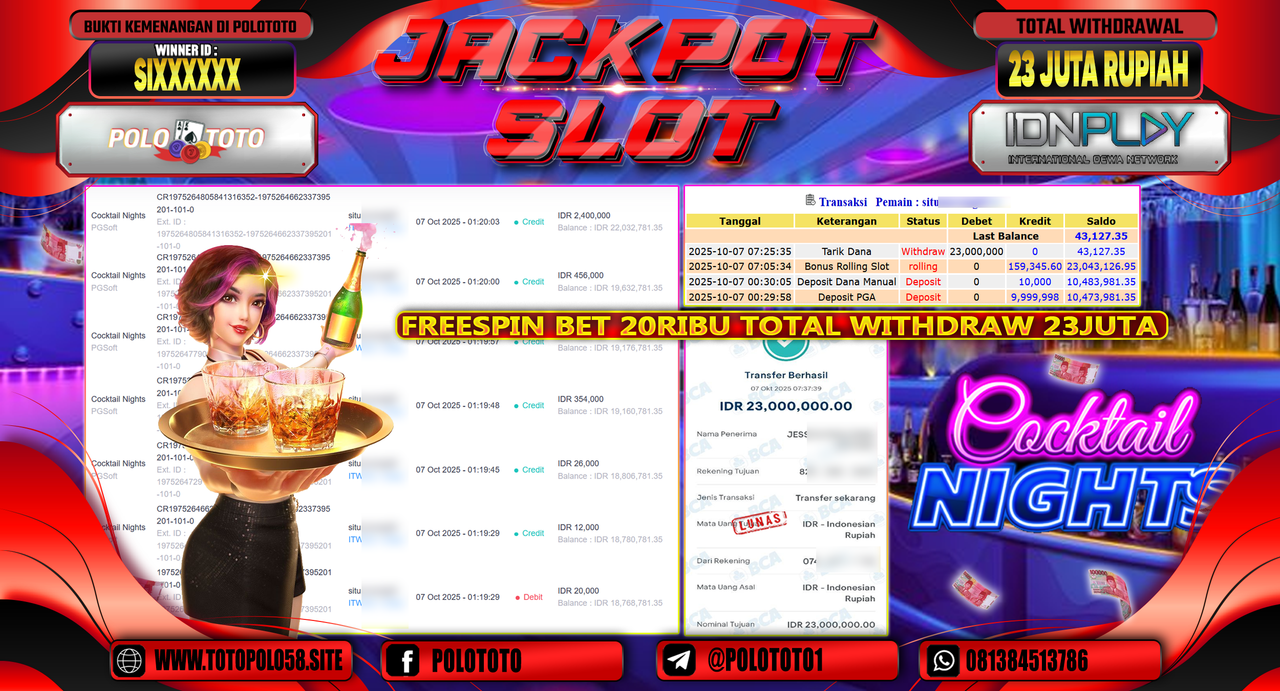 POLOTOTO JACKPOT SLOT COKTAIL NIGHTS Rp.23.000.000,- LUNAS