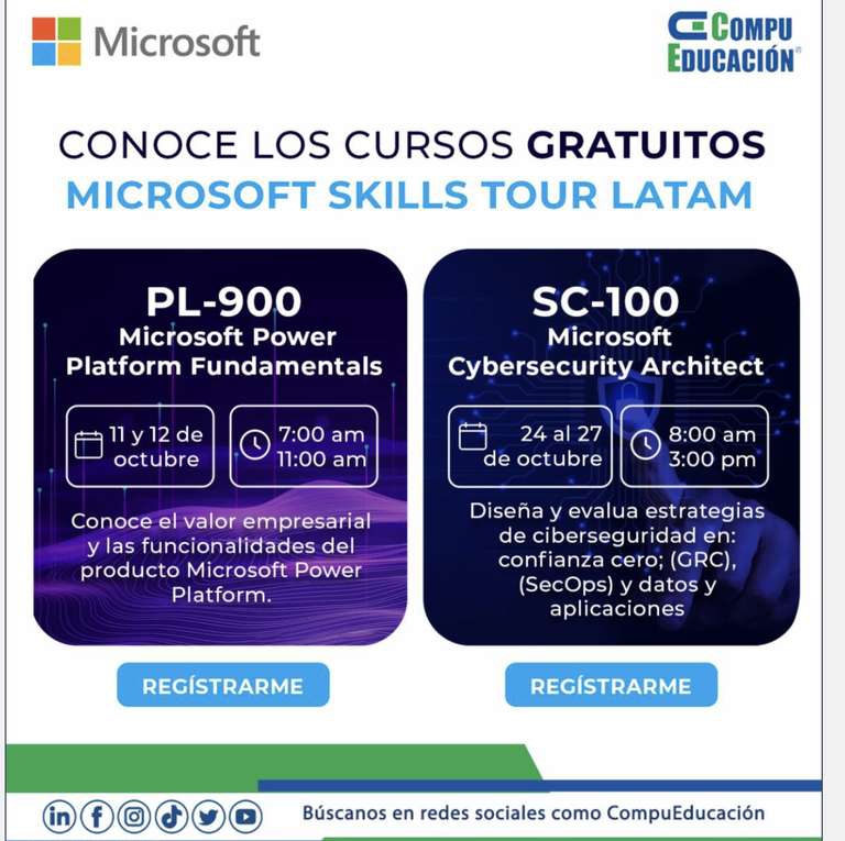 ¡Formación gratuita de Microsoft! Cursos PL-900 y SC-100, fortalece tus habilidades. 
