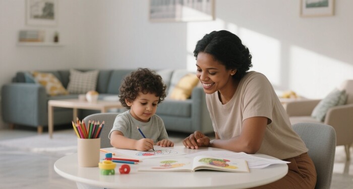Ethiopian nanny guiding  a child simple activity such as coloring or reading a picture book