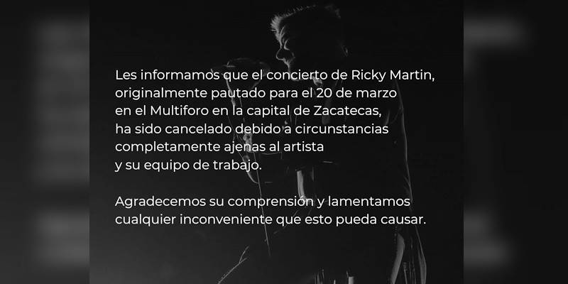 Cancelan otro concierto de Ricky Martin, ahora en Zacatecas