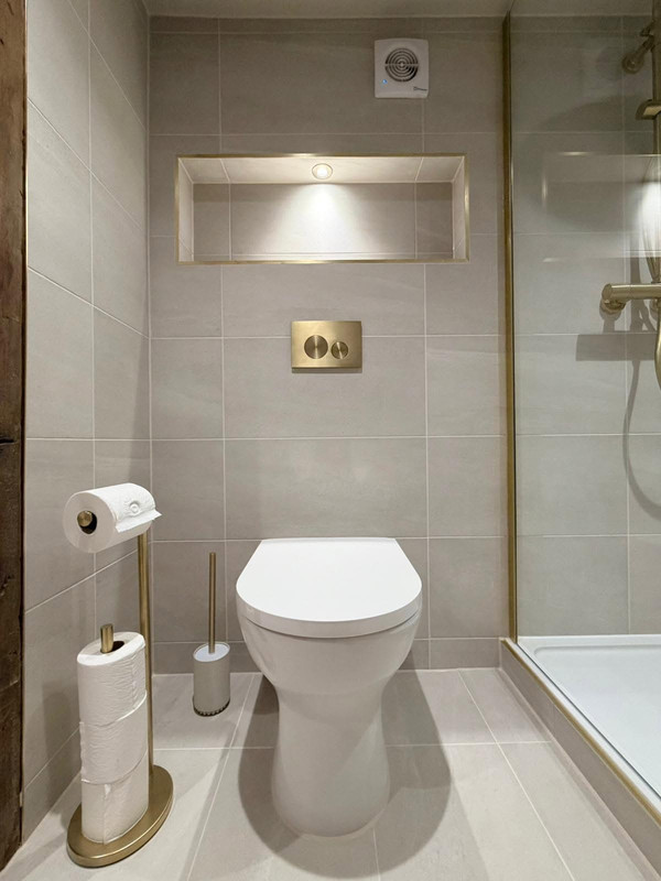 Rustic bathroom toilet area with brass details and shower screen