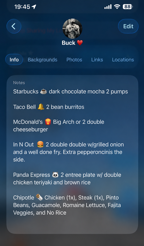 screenshot of Eddie's notes app on his phone, listing Buck's food preferences