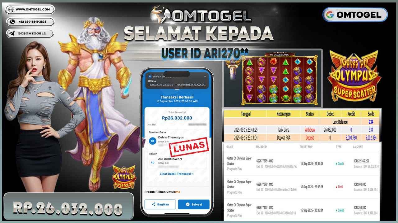 OMTOGEL JACKPOT PRAGMATIC PLAY GATES OF OLYMPUS SUPER SCATTER 26 JUTA DI BAYAR LUNAS ,-
