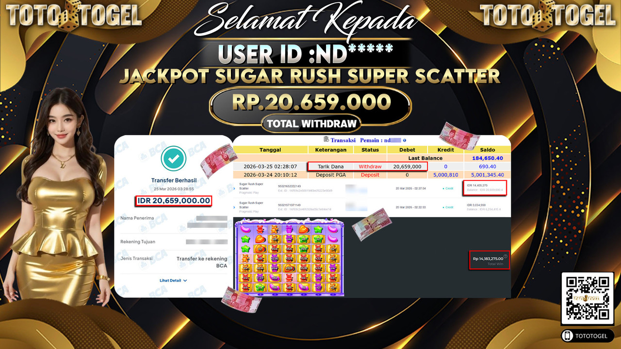 Bukti Pembayaran Jackpot Permainan Slot Sugar Rush Super Scatter ID:ND*****LUNAS