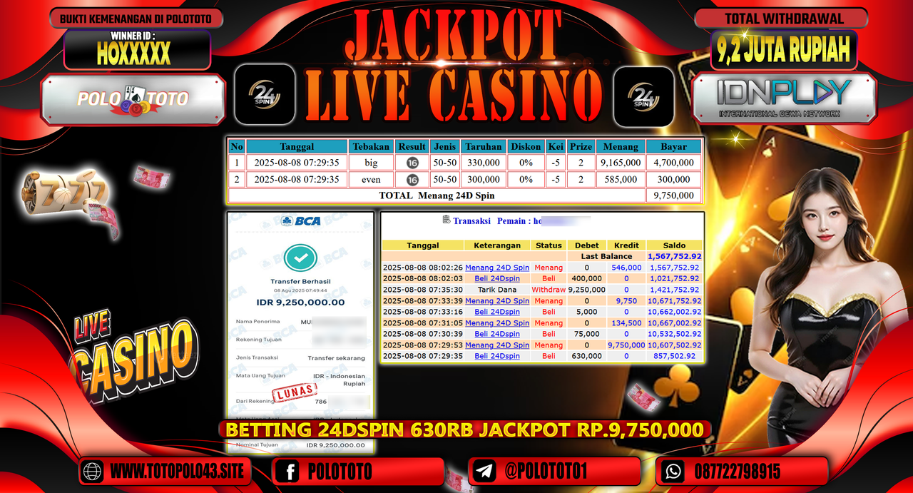 POLOTOTO JACKPOT LIVE CASINO MENANG 24D SPIN Rp.9.200.000,-LUNAS