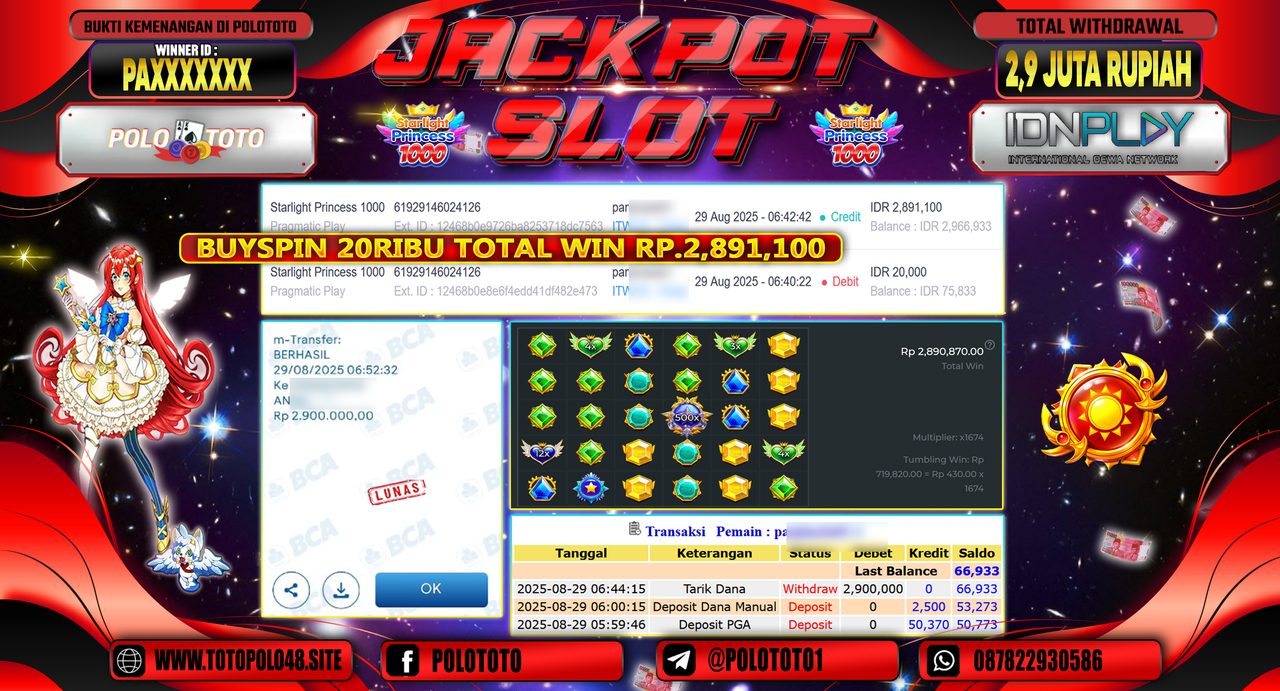 POLOTOTO JACKPOT SLOT STARLIGHT PRINCESS 1000 Rp.2.900.000,-