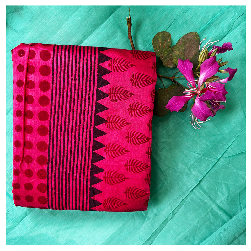 Hand Block Printed Pink Saree with Geometrical and Floral Motifs