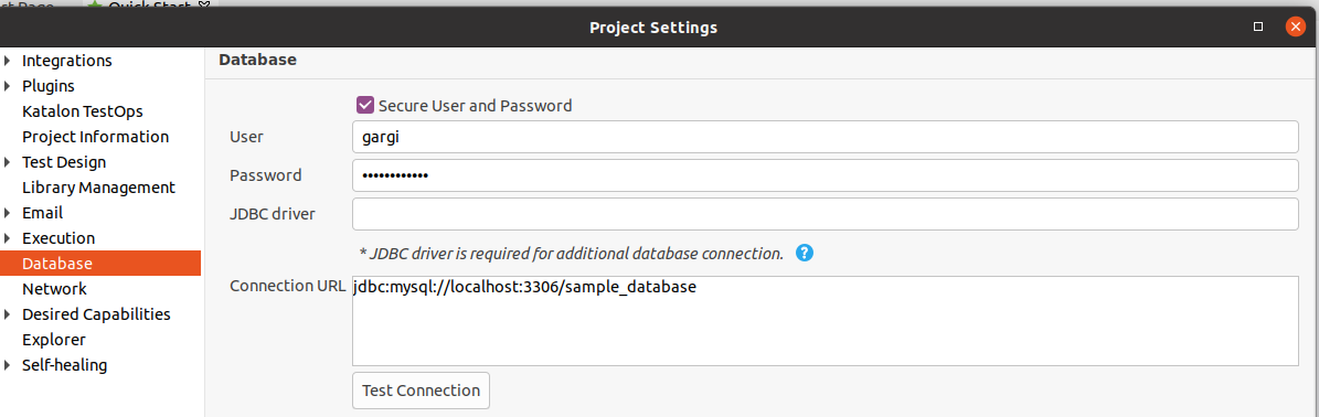 database settings in katalon studio