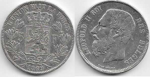 Bélgica, 5 francos de Leopoldo II, 1869 Belgica-5-francs-1869-24-84gr