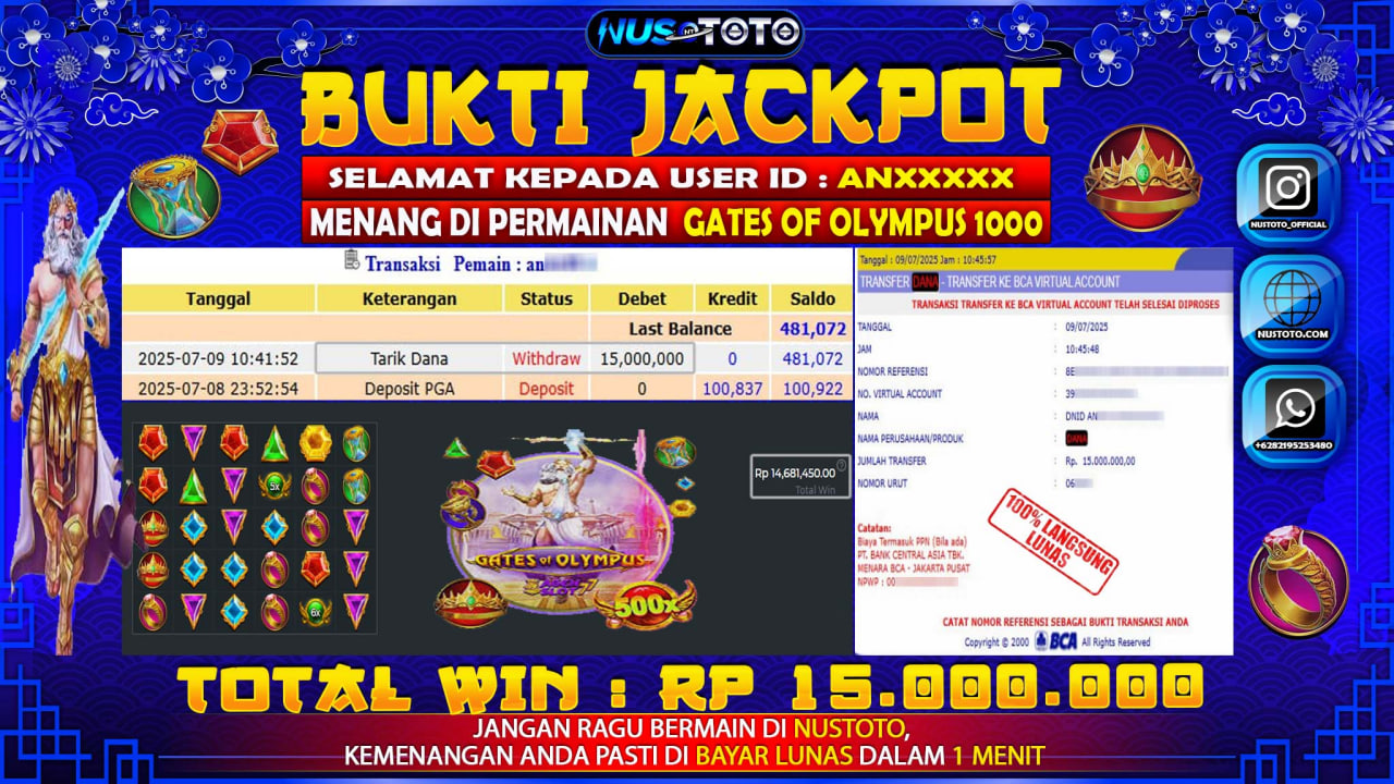 JACKPOT !! MENANG BESAR DI SLOT GATES OF OLYMPUS 1000 Rp. 15.000.000 LANGSUNG DI BAYAR LUNAS NUSTOTO !!