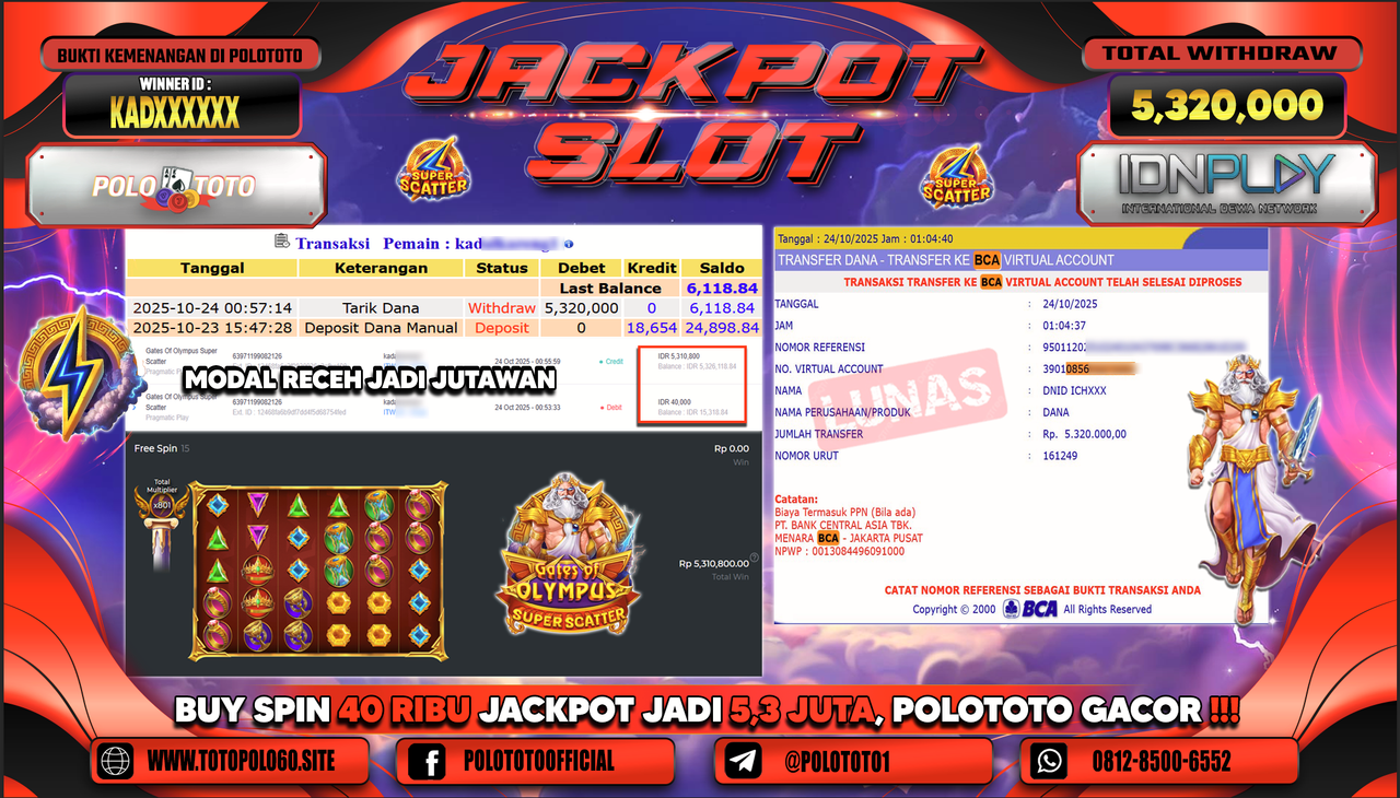 POLOTOTO JACKPOT SLOT GATES OF OLYMPUS SUPER SCATTER Rp.5.320.000,- LUNAS