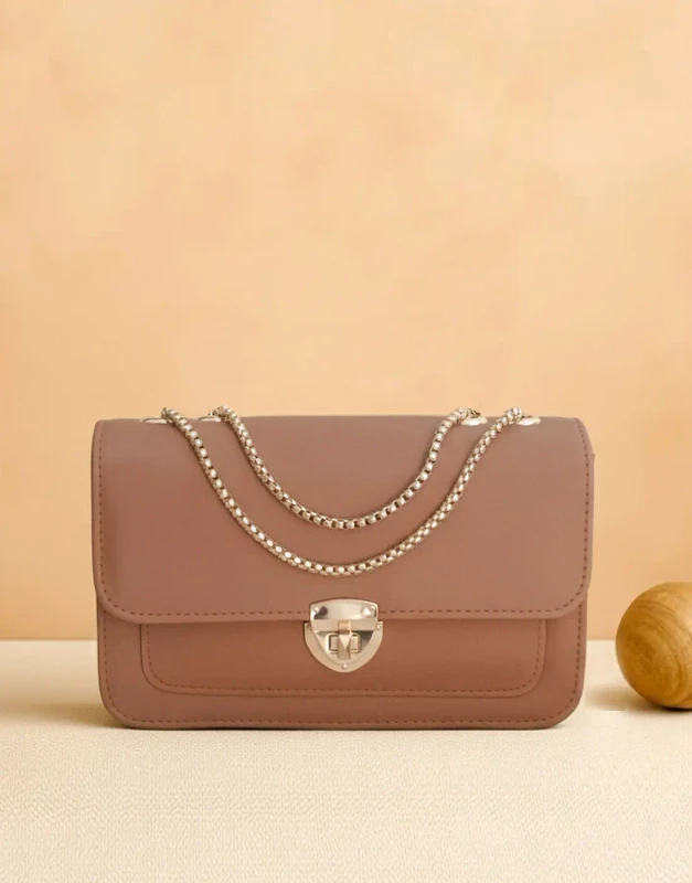 Brown Twist-Lock Crossbody Bag – PU Leather, Gold Hardware, 11×14