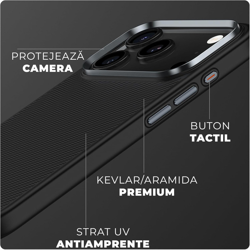 Husa pentru iPhone 17 Pro Daden® Armor Pro din fibra de aramida/Kevlar, MagSafe Integrat, Margini portejate, Protectie Antisoc, Camera Ultra Safe, Negru
