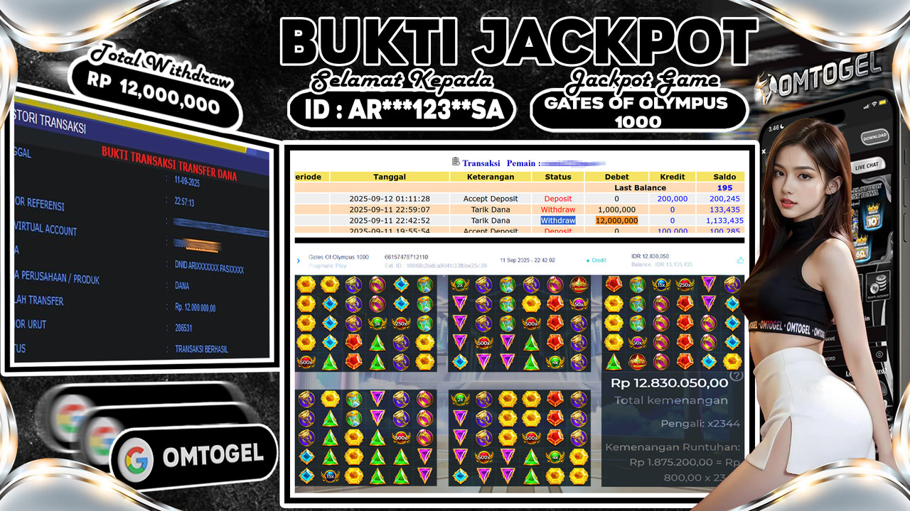 OMTOGEL JACKPOT PRAGMATIC PLAY GATES OF OLYMPUS 1000 12 JUTA DI BAYAR LUNAS ,-