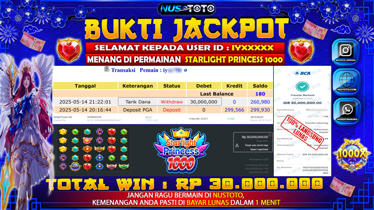 JACKPOT !! MENANG BESAR DI SLOT STARLIGHT PRINCESS 1000 Rp. 30.000.000 LANGSUNG DI BAYAR LUNAS NUSTOTO !!