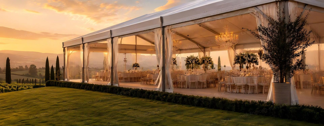 Lingtong Tent custom aluminum wedding marquee installed at a private vineyard in Tuscany Italy for outdoor ceremony