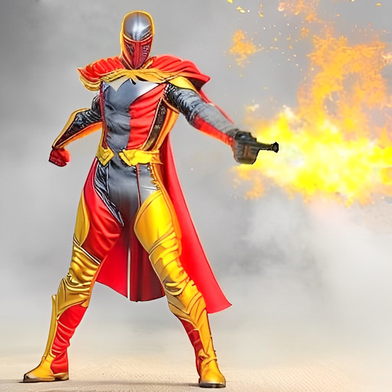 The Flame V2.0. a man in a garish yellow, red and gray costume with full head mask holding a pistol that is spraying fire