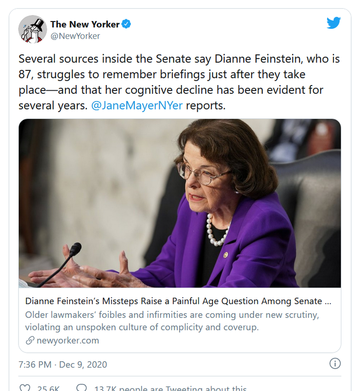 TNS Dianne Feinstein của Cali bị yêu cầu từ chức do chứng giảm trí nhớ 1