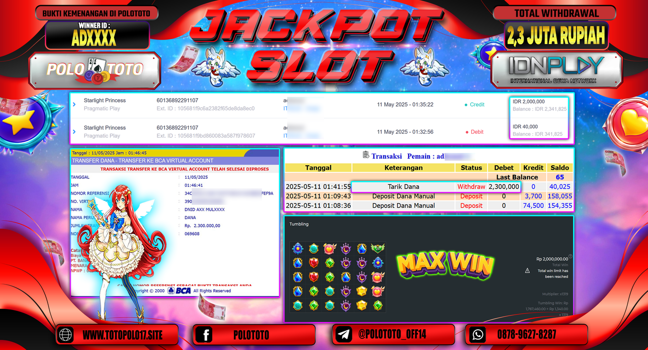 POLOTOTO JACKPOT SLOT STARLIGHT PRINCESS Rp.2.300.000,-