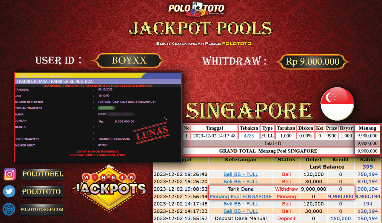 BUKTI PEMBAYARAN JACKPOT DIPOLOTOTO DIBAYAR LUNAS!!!