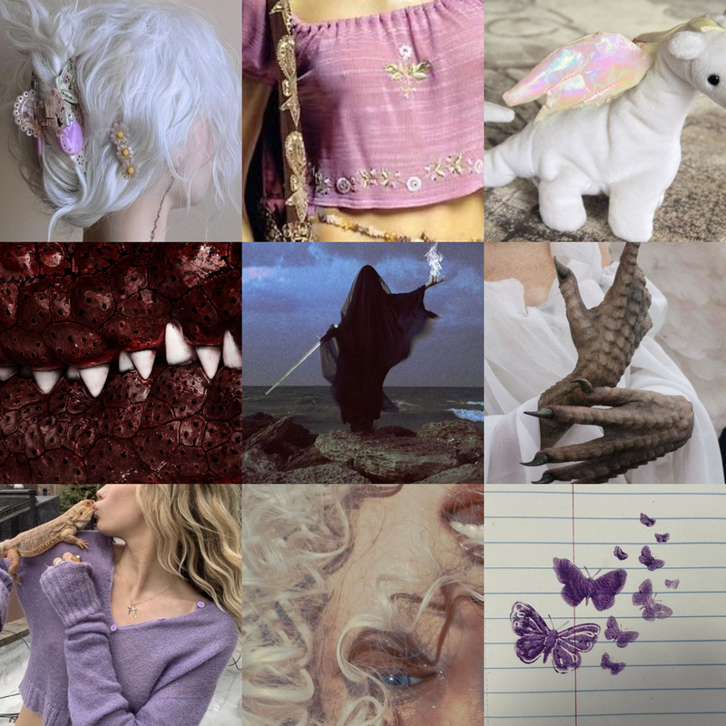 A 3x3 moodboard. The first row shows pale blonde hair pinned up with hair clips, a purple and gold crop top, and a beanie baby dragon toy. The second row shows a closed dragon mouth, a cloaked woman with a sword and a fire in each hand, and a woman with dragon claw hands. The third row shows a girl kissing a bearded dragon on her shoulder, an upside down speaking girl, and purple butterfly-shaped stamps in a notebook