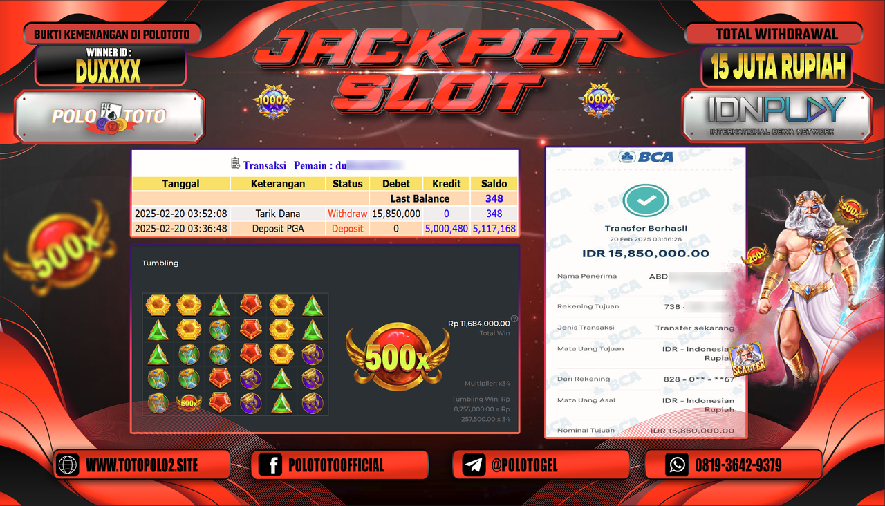 POLOTOTO JACKPOT SLOT GATES OF OLYMPUS 1000 Rp.15.850.000,-