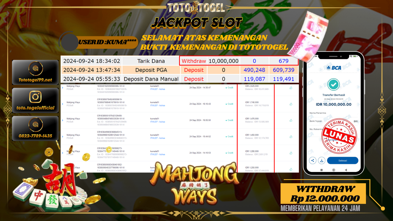 Bukti Kemenangan Permainan SLOT  Dengan ID : KUMA*** Terbayar Lunas!!