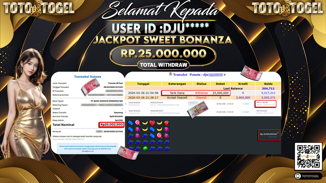 Bukti Pembayaran Jackpot Permainan Slot Sweet Bonanza ID:DJU*****LUNAS