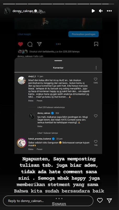 Ibunda Happy Asmara ikut komentar di postingan Denny Caknan, mengaku sakit hati putrinya dihujat.