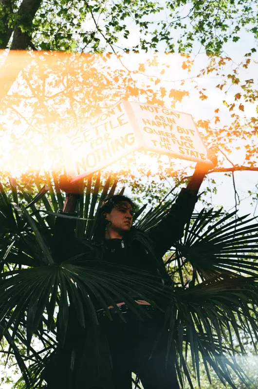 a person standing amongst palm leaves with a sign that says: we won't settle for nothing; not gay as in happy, but queer as in fuck the state.