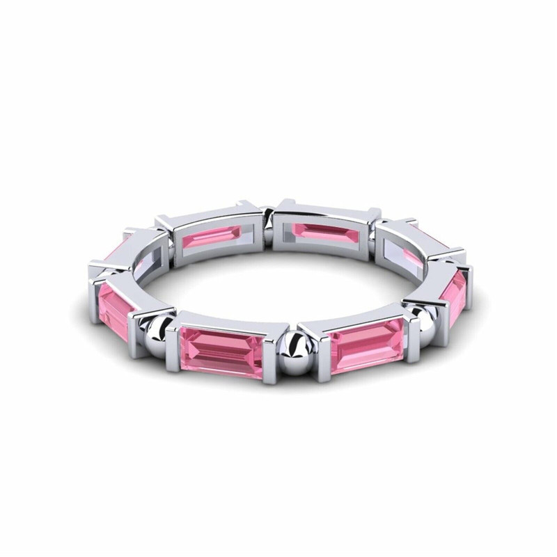 Pink Cz Bezel-Set Baguette Eternity Band Ring With Rhodium Plated - Picture 2 of 7