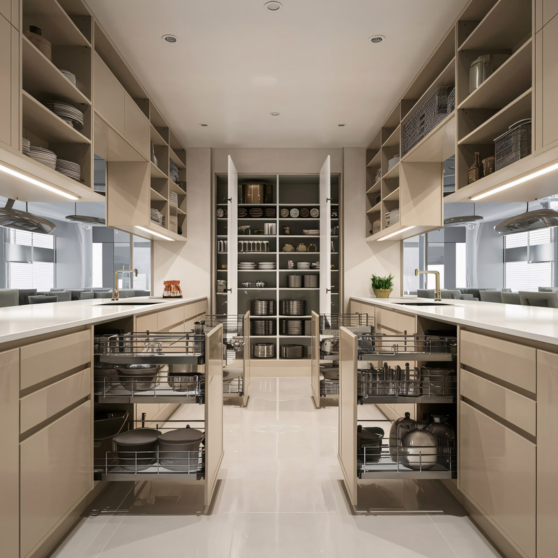Modern Parallel Kitchen Design with Open Shelves and Backsplash Tiles