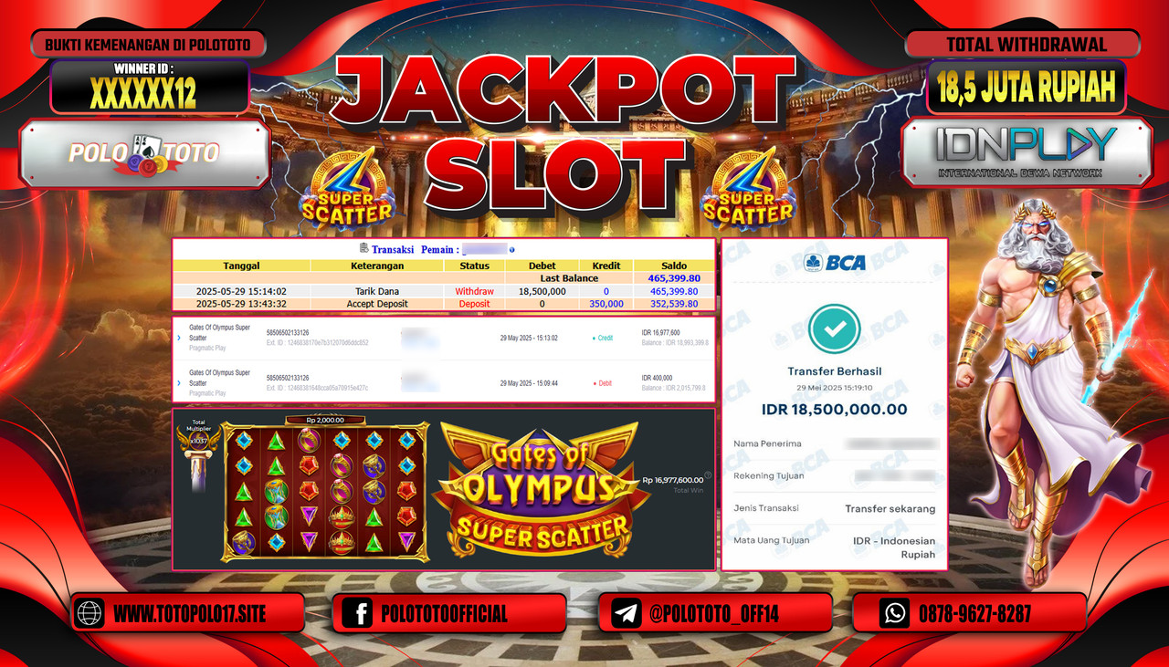 POLOTOTO JACKPOT SLOT GATES OF OLYMPUS SUPER SCATTER Rp.18.500.000,-