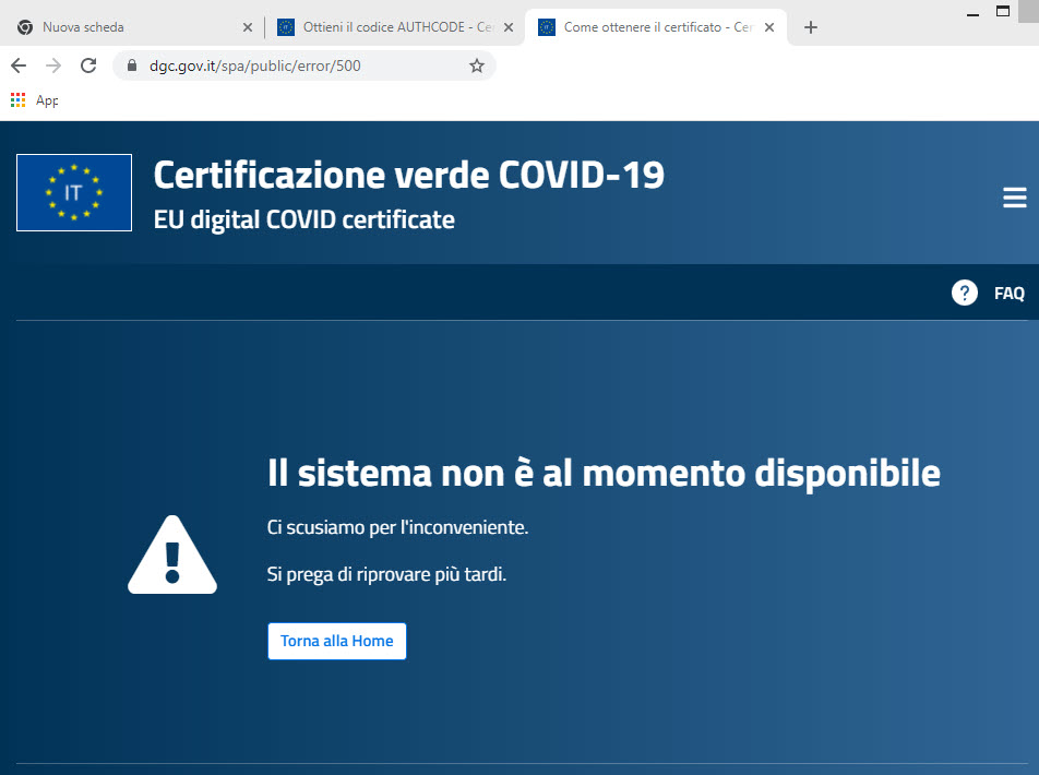 Il sistema non è al momento disponibile