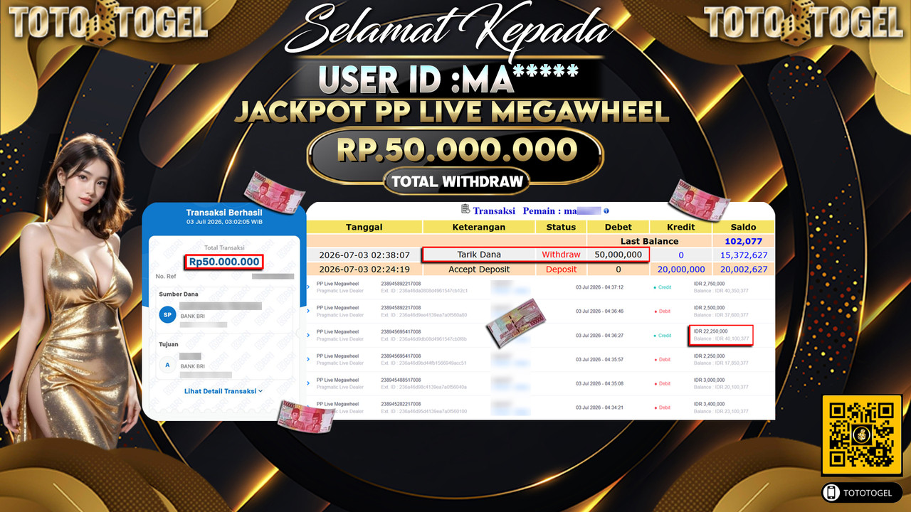 Bukti Pembayaran Jackpot Permainan Pragmatic Live PP Live Megawheel ID:MA*****LUNAS