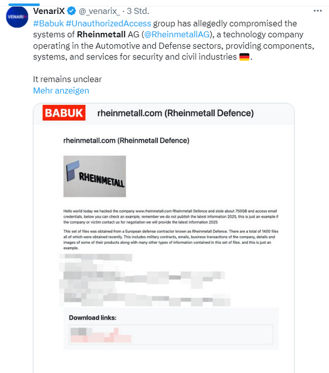 Rheinmetall victim of babuk ransomware