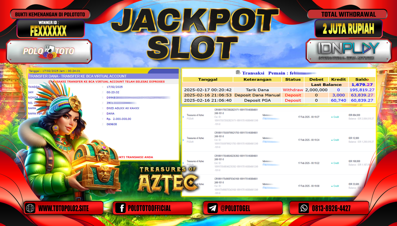 POLOTOTO JACKPOT SLOT TREASURES OF AZTEC Rp.2.000.000,-