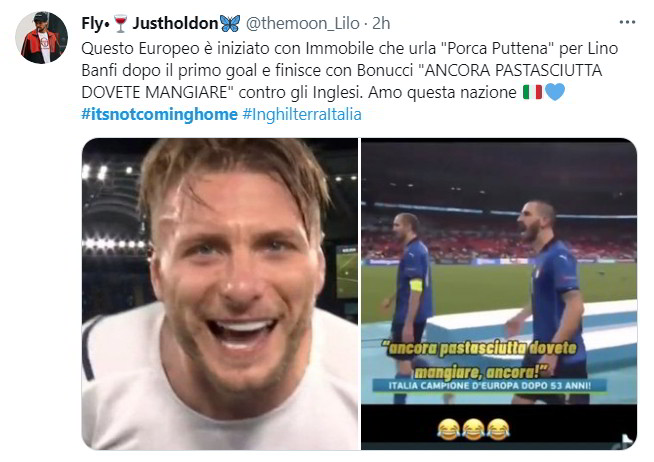 Questo Europeo è iniziato con Immobile che urla "Porca Puttena" per Lino Banfi dopo il primo goal e finisce con Bonucci "ANCORA PASTASCIUTTA DOVETE MANGIARE" contro gli Inglesi. Amo questa nazione Bandiera italianaCuore blu #itsnotcominghome #InghilterraItalia
