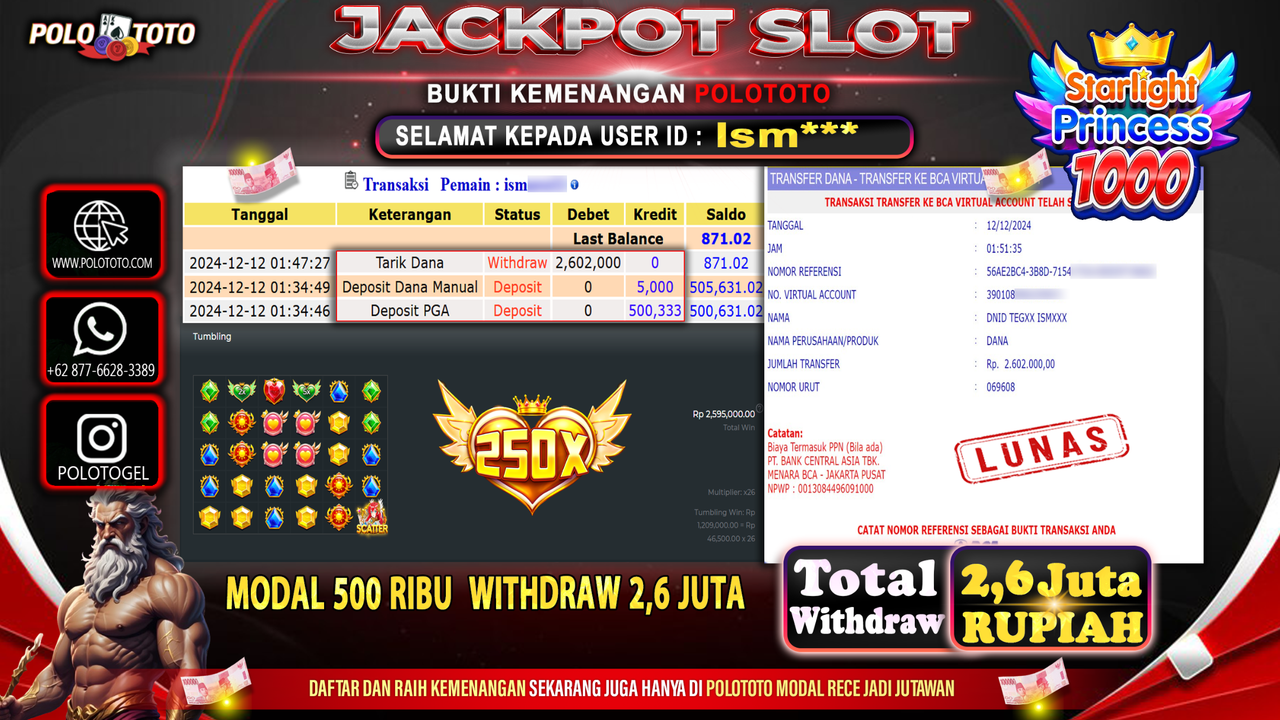 POLOTOTO JACKPOT SLOT STARLIGHT PRINCESS 1000 Rp.2,602.000,-