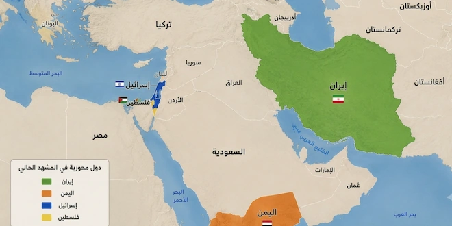 صورة توضيحية لخريطة الشرق الأوسط توضح الدول المحورية في المشهد الحالي، حيث تم تلوين إيران باللون الأخضر، واليمن باللون البرتقالي، وإسرائيل وفلسطين باللونين الأزرق والأصفر، مع مفتاح توضيحي في الزاوية السفلية يبين دلالات الألوان. (تم توليدها بالذكاء الإصطناعي)