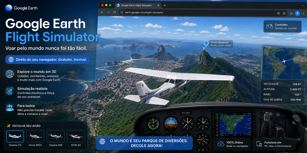 Google Earth libera simulador de voo 3D gratuito: voe pelo planeta sem sair do sofá