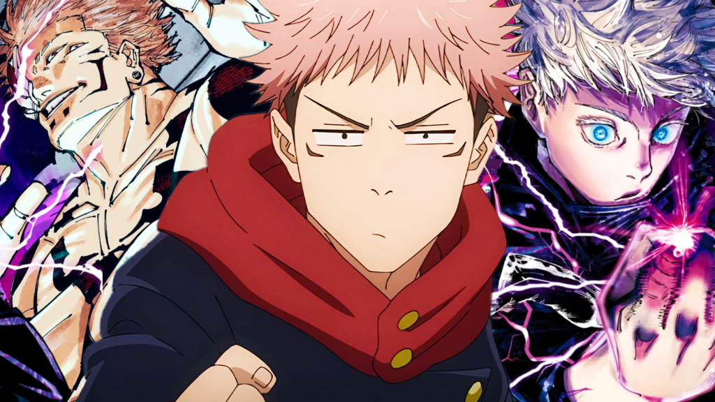 Yuji-from-jujutsu-kaisen-with-a-goofy-face-and-sukuna-and-gojo-in-the-background
